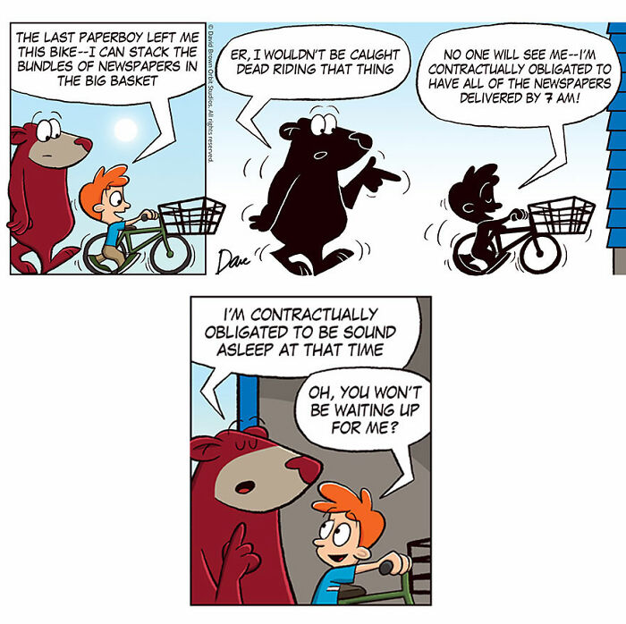 Cartoon featuring Planey Joey with a bear discussing newspaper delivery using a bike. Cartoon featuring Planey Joey with a bear discussing newspaper delivery using a bike.