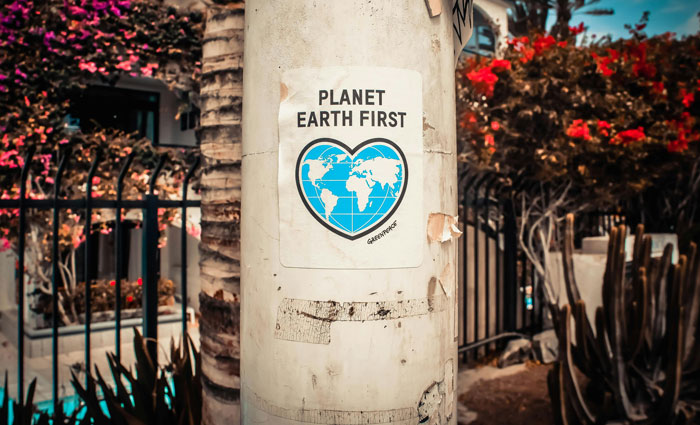 Sticker with "Planet Earth First" on a pole, reflecting vegan values. Sticker with "Planet Earth First" on a pole, reflecting vegan values.