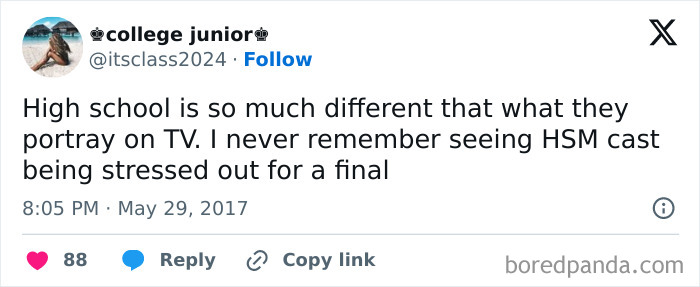 Tweet humorously comparing real high school stress to TV shows, highlighting "unhinged" experiences.