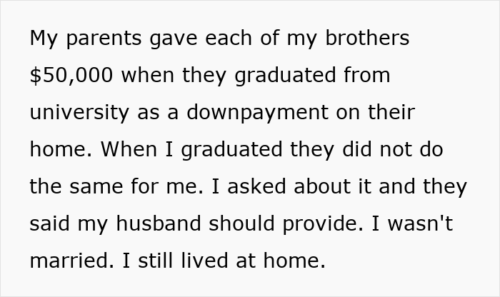 Family Gives $50k To Sons For Homes, Tells Daughter To Rely On Husband, She Turns The Tables