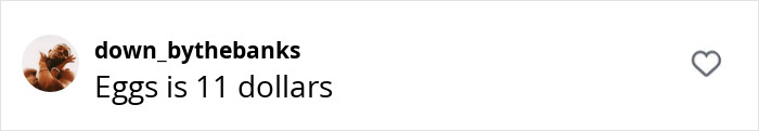 Instagram comment by down_bythebanks reads, "Eggs is 11 dollars," with a heart icon. Instagram comment by down_bythebanks reads, "Eggs is 11 dollars," with a heart icon.