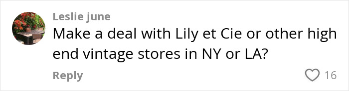 Comment suggesting vintage stores for famous wedding dress sale, showing a heart icon with the number 16. Comment suggesting vintage stores for famous wedding dress sale, showing a heart icon with the number 16.