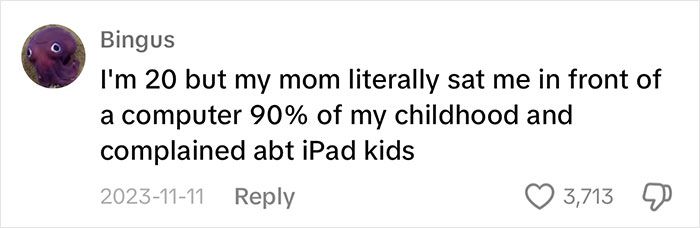 Comment highlighting the irony of complaining about iPad kids while raising a child on computers. Comment highlighting the irony of complaining about iPad kids while raising a child on computers.