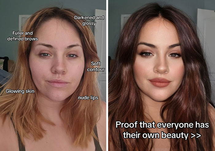Before and after digital makeover by content creator showcasing beauty transformation.