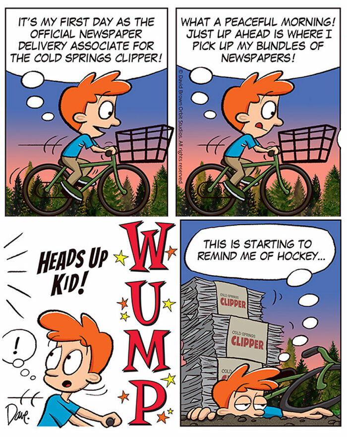 Comic strip of Planey Joey delivering newspapers, riding a bike, and hitting a stack of papers, thinking it feels like hockey. Comic strip of Planey Joey delivering newspapers, riding a bike, and hitting a stack of papers, thinking it feels like hockey.