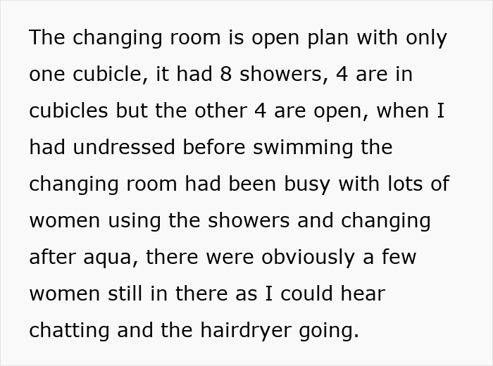 Text describing an open-plan women's changing room with cubicles and showers. Text describing an open-plan women's changing room with cubicles and showers.