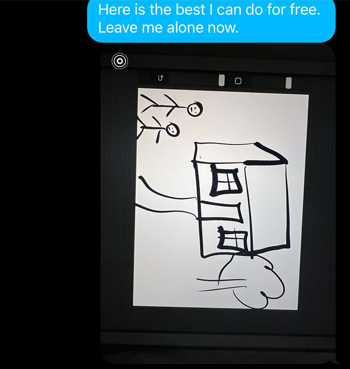 Simple drawing on a tablet with text message about influencer's demand for free painting. Simple drawing on a tablet with text message about influencer's demand for free painting.