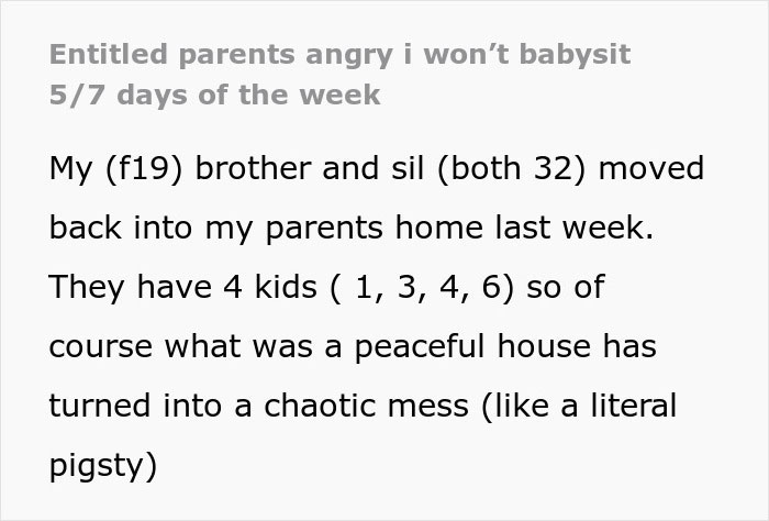 Text about parents expecting their daughter to babysit, causing family tension. Text about parents expecting their daughter to babysit, causing family tension.