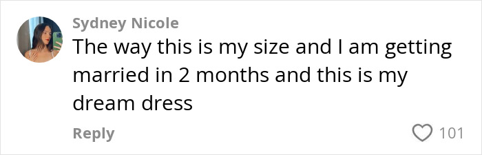 Comment by Sydney Nicole about a perfect wedding dress from a thrift store, gaining 101 likes. Comment by Sydney Nicole about a perfect wedding dress from a thrift store, gaining 101 likes.