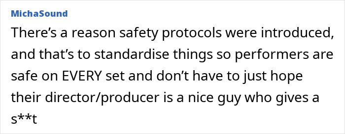 Text comment about the importance of safety protocols for performers and their standardization on set. Text comment about the importance of safety protocols for performers and their standardization on set.