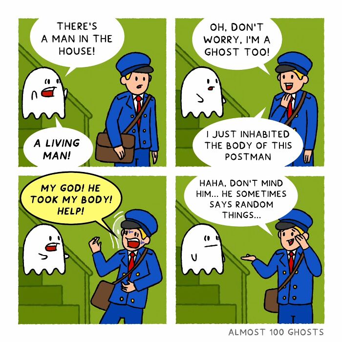 Ghost comics show humorous afterlife interaction, featuring a panicked postman and clever ghost.
