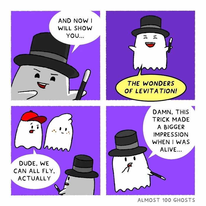 Comic featuring ghosts humorously discussing levitation in the afterlife, one wearing a top hat and holding a magic wand.
