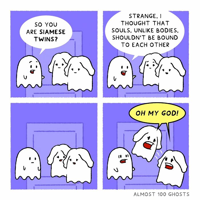Adorable comic of cute ghosts humorously discussing the afterlife in four panels.