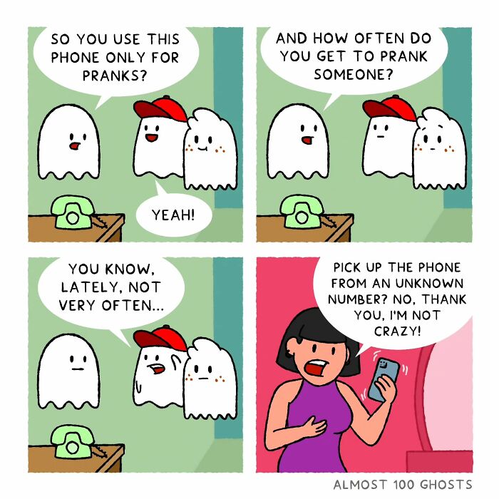 Comic featuring ghosts humorously pranking from the afterlife with a phone.