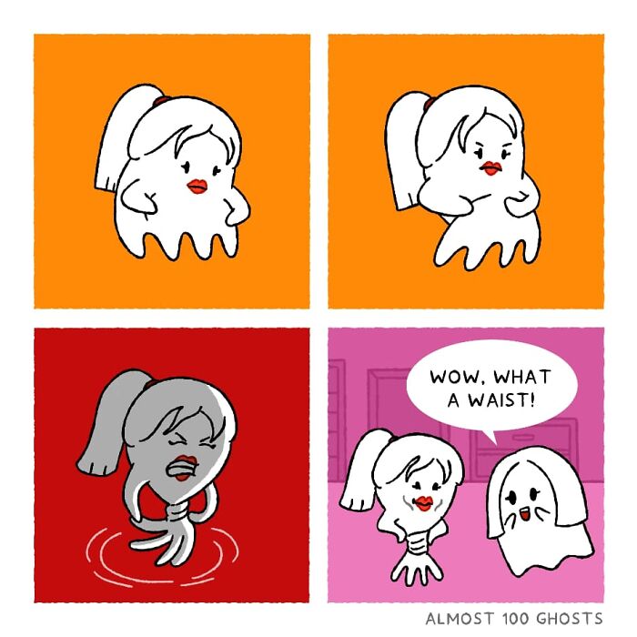 Comic showing funny ghosts in afterlife, one impressed by another's waist.