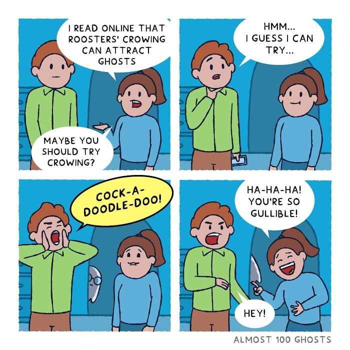 Comic by artist showing a funny afterlife scenario with a rooster crowing joke.