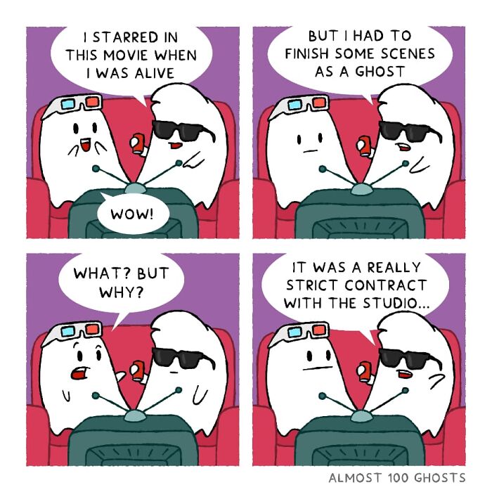 Adorable comic showing ghosts humorously discussing a movie contract in the afterlife.