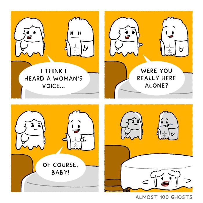 Adorable afterlife comic showing two ghost characters in a humorous conversation.