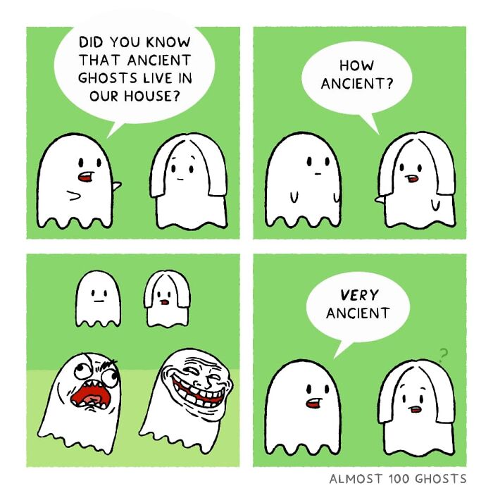 Adorable comic featuring funny ghosts discussing ancient spirits in their house.