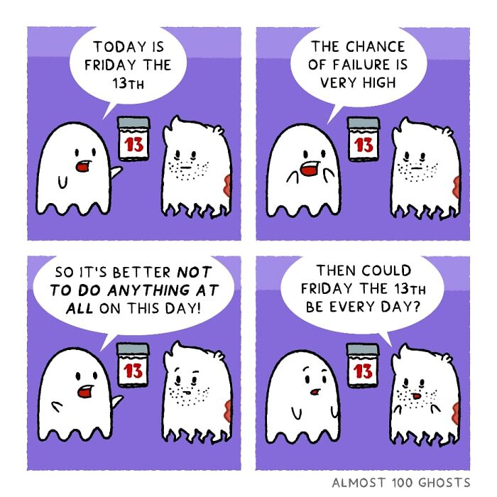 Adorable comic featuring ghosts humorously discussing Friday the 13th in the afterlife.