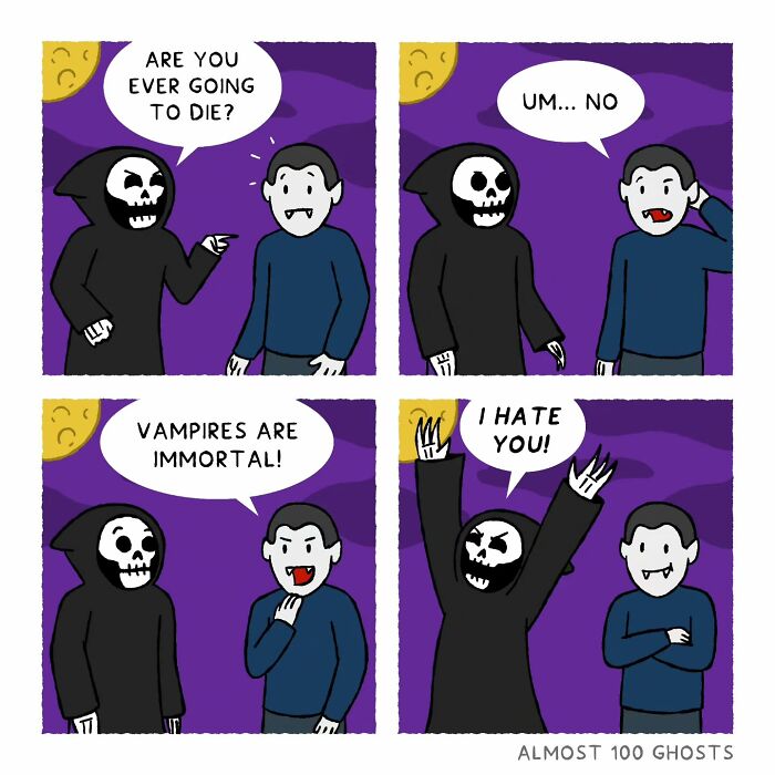 Artist's comic shows Grim Reaper arguing with a vampire about immortality.