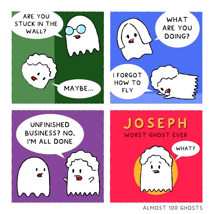 Comic by artist depicting funny afterlife scenes with adorable ghost characters in various humorous situations.