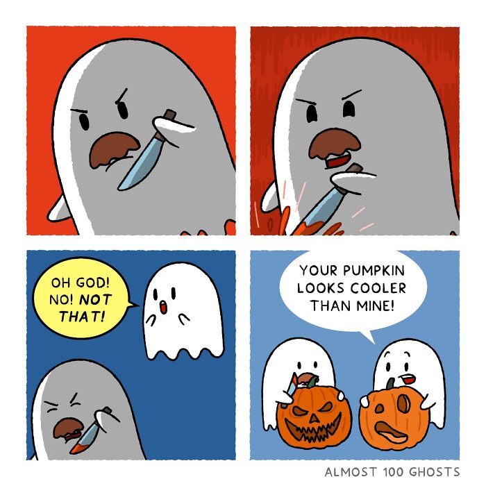 Comical afterlife ghosts carving pumpkins, showcasing humor in the afterlife.