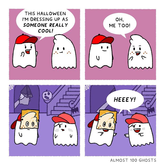 Adorable comic with ghost characters humorously depicting Halloween costumes in the afterlife.
