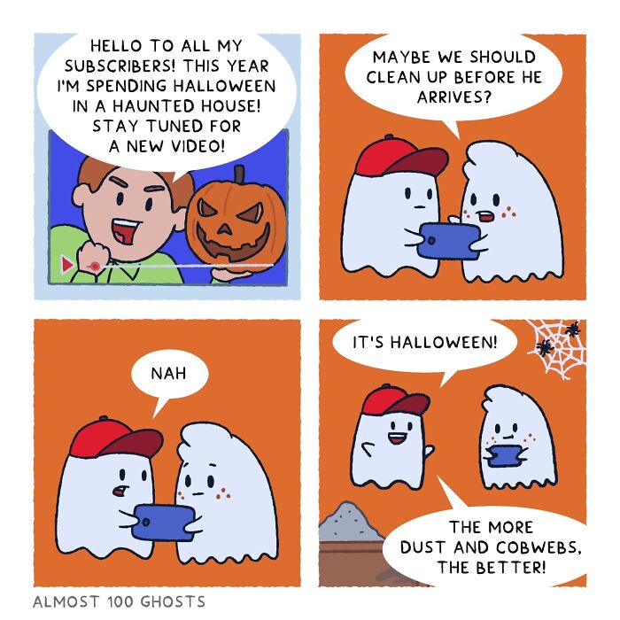 Comic showing ghosts discussing Halloween cleanup, embracing dust and cobwebs for humor.