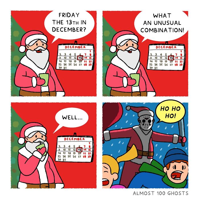 Funny afterlife comic with Santa surprised by Friday the 13th in December, featuring a playful horror twist.