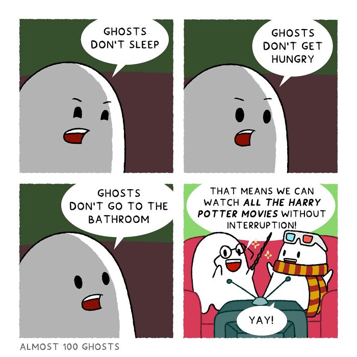 Cute comic shows ghosts enjoying afterlife perks, like not needing sleep or food, implying endless movie marathons.