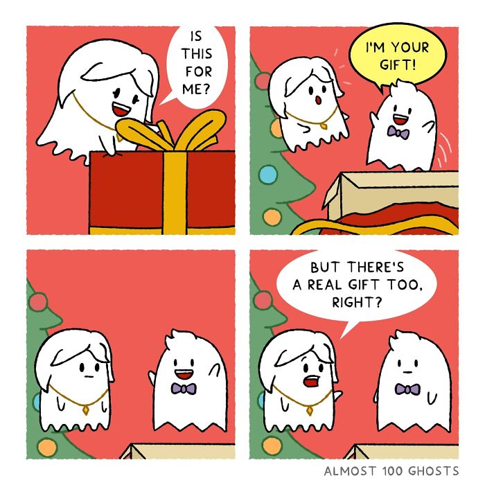 Cute comic of ghosts in the afterlife, one wrapped as a gift, humorously discussing the idea of a real gift.