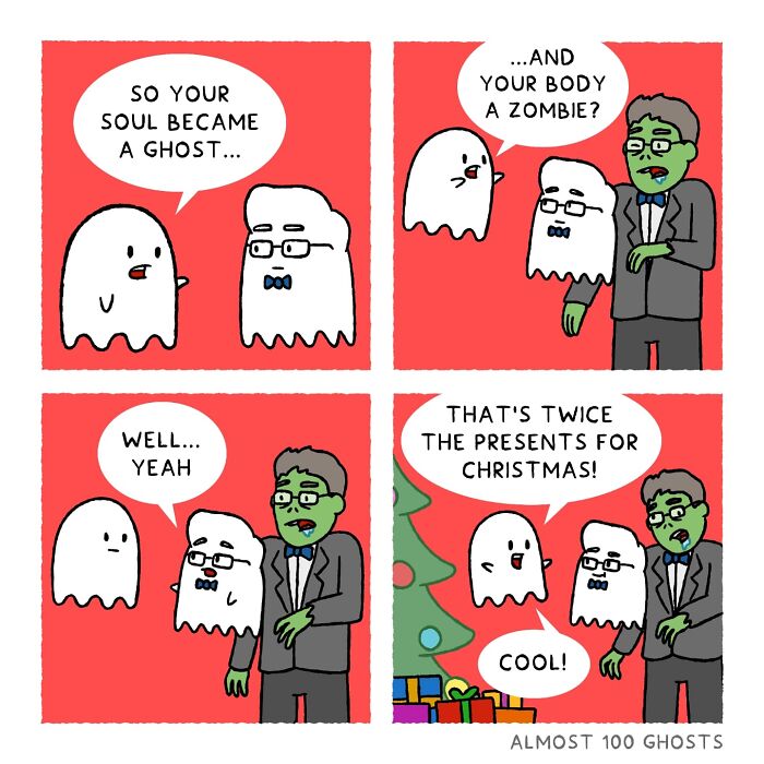 Comic by artist shows a ghost and zombie discussing afterlife in a humorous way, with Christmas presents in the background.