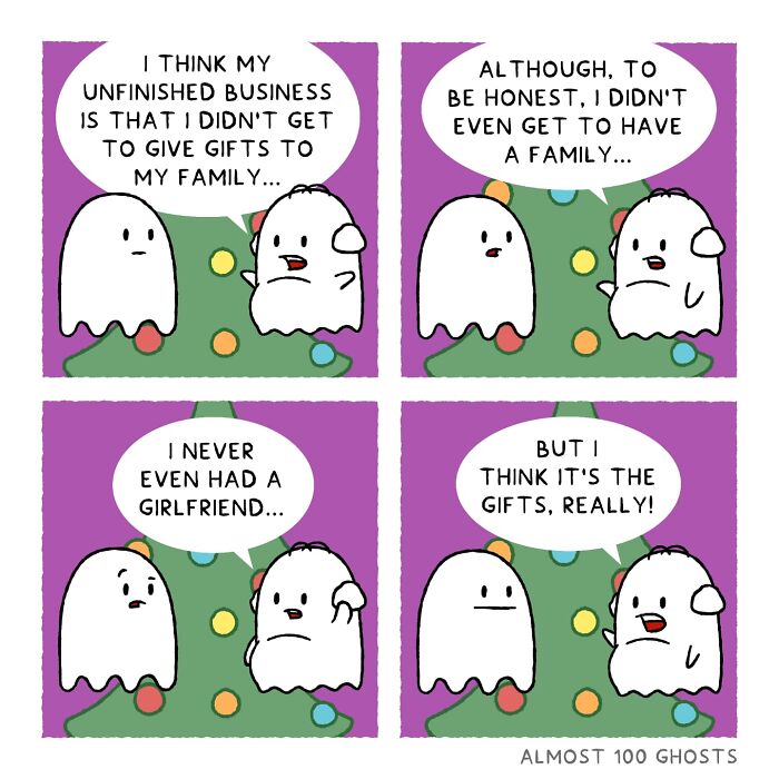 Two cartoon ghosts humorously discuss unfinished business in the afterlife.