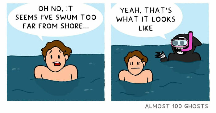 Comic showing the funny side of the afterlife with a swimmer and a ghost in water.