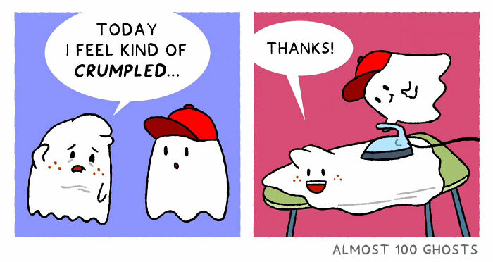 Adorable comic with ghosts in hats, ironing out the funny side of the afterlife.
