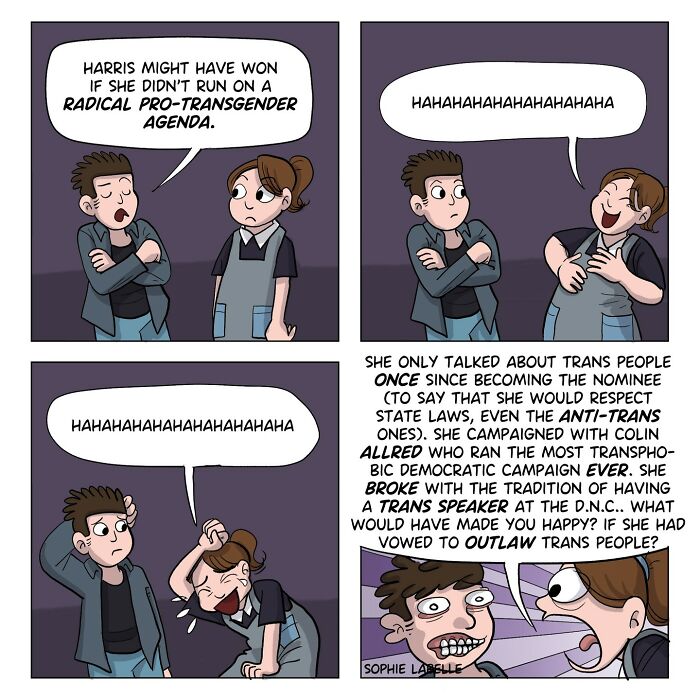 Comic addressing transgender experiences, with characters discussing political agendas and laughing about trans issues.