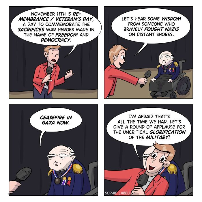 Comic depicting a dialogue on Remembrance Day, addressing military glorification and social issues in a humorous context.