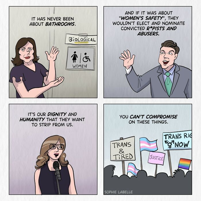 Comic addressing transgender experiences and social issues, illustrating debates on bathrooms and trans rights advocacy.
