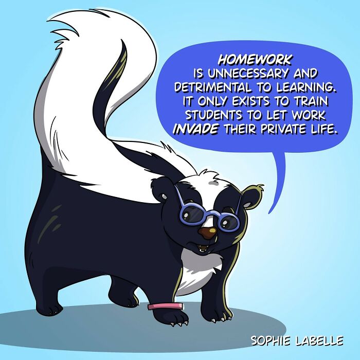 Comic character skunk with glasses shares thoughts on homework's impact, addressing social issues by artist Sophie Labelle.