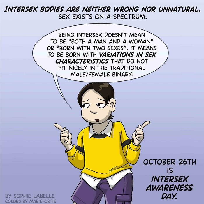 Comic character discussing intersex and gender spectrum, highlighting social issues. Text reads "Intersex bodies are neither wrong nor unnatural."