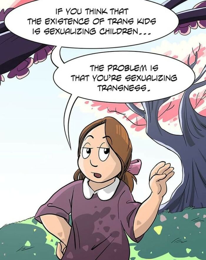 Comic addressing transgender experiences, featuring a person speaking about misconceptions on trans kids under a tree.