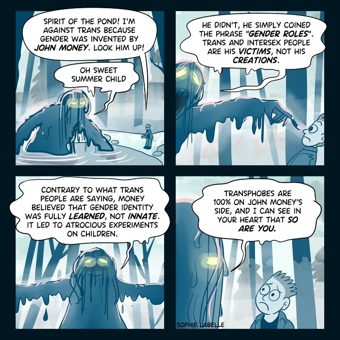 Comic by artist addressing transgender experiences and social issues, featuring a dialogue about gender identity myths.