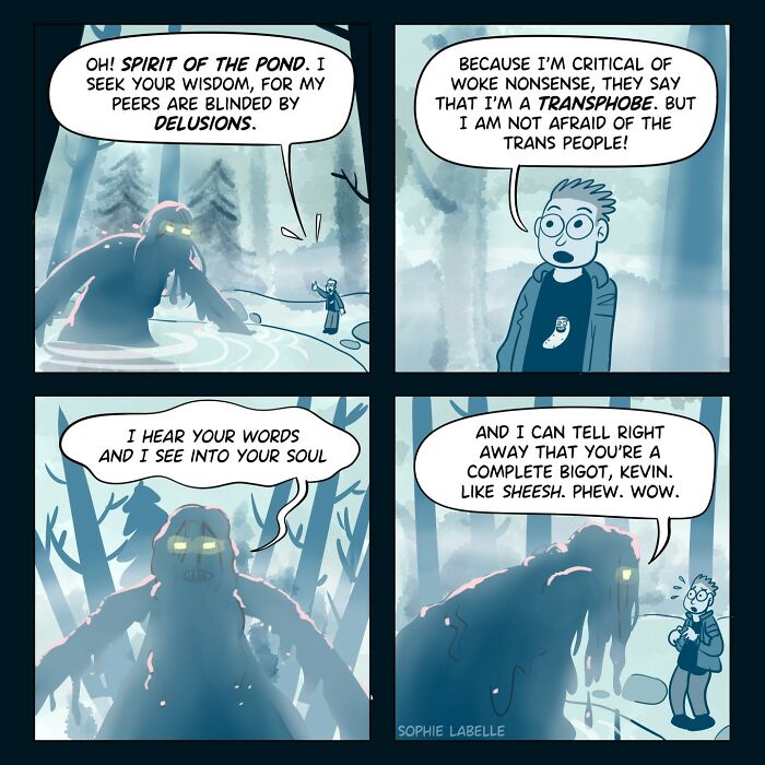 Comic addressing transgender experiences with a pond spirit and a person discussing transphobia and social issues.