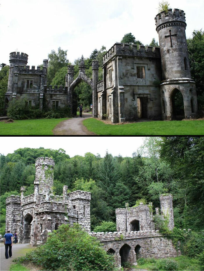 Two beautiful, historic buildings in a lush, green setting with castle-like architecture.