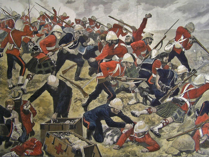 An intense battle scene depicting soldiers in red uniforms, possibly illustrating surprising war victories.