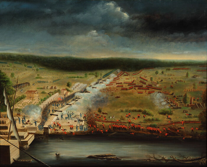 Battle scene depicting decade-defining historical events, with troops in formation under a stormy sky.