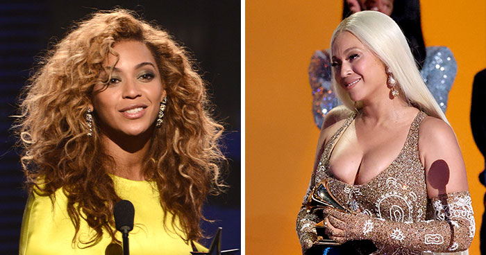 Two images side by side showing Beyoncé with varying skin tones at the Grammys. Two images side by side showing Beyoncé with varying skin tones at the Grammys.
