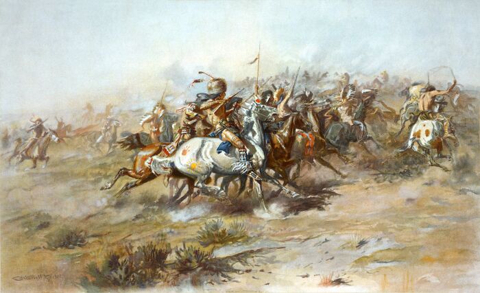 Historical events painting depicting a Native American battle scene with horses and warriors in action.
