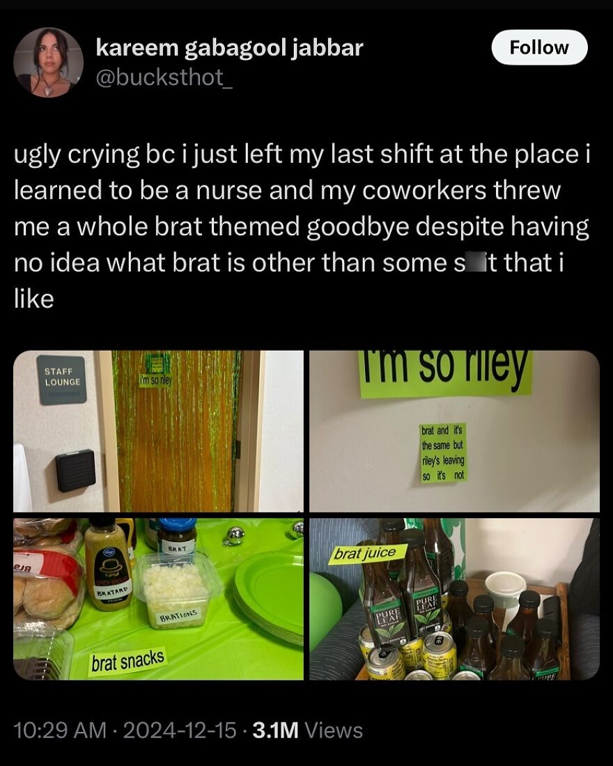 Funny puncrastination memes with a brat-themed farewell party setup, including snacks and drinks labeled humorously.